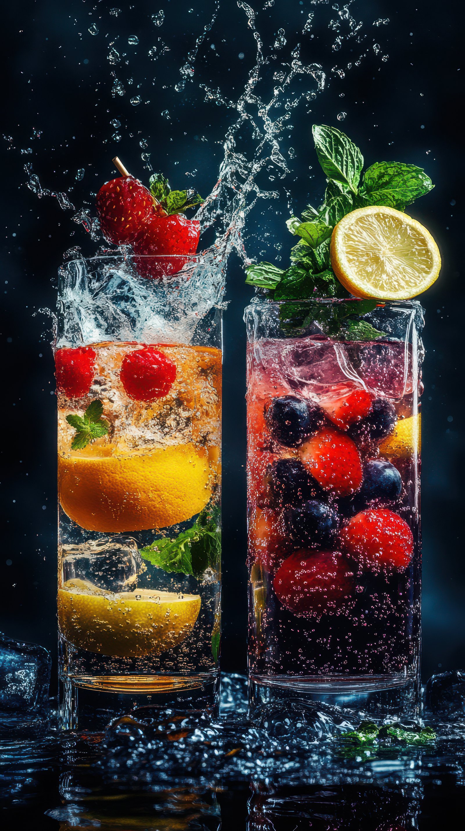 Refreshing fruit-infused drinks create a splash in a dark setting during summer gatherings